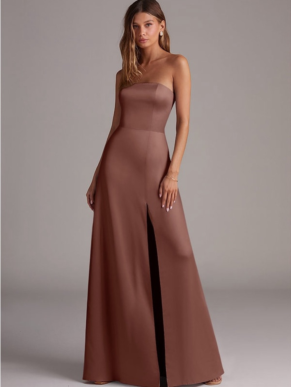 Azazie Wren Espresso A-Line Strapless Stretch Satin Convertible Dress